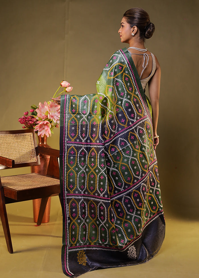 Multicolor Handloom Kantha Stitch Pure Silk Saree With Blouse Piece