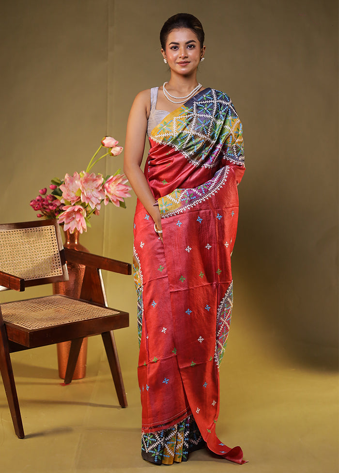 Multicolor Handloom Kantha Stitch Pure Silk Saree With Blouse Piece