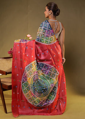 Multicolor Handloom Kantha Stitch Pure Silk Saree With Blouse Piece