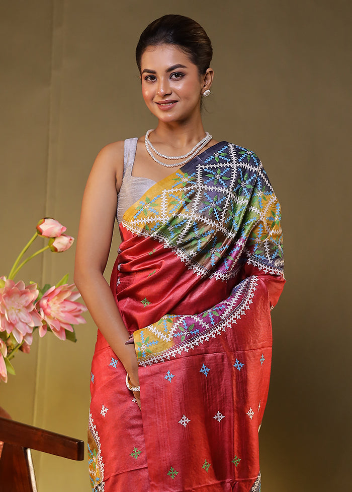 Multicolor Handloom Kantha Stitch Pure Silk Saree With Blouse Piece