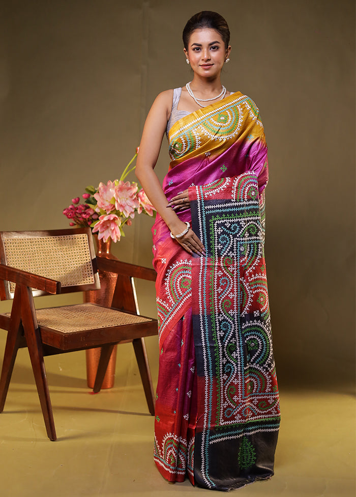 Multicolor Handloom Kantha Stitch Pure Silk Saree With Blouse Piece