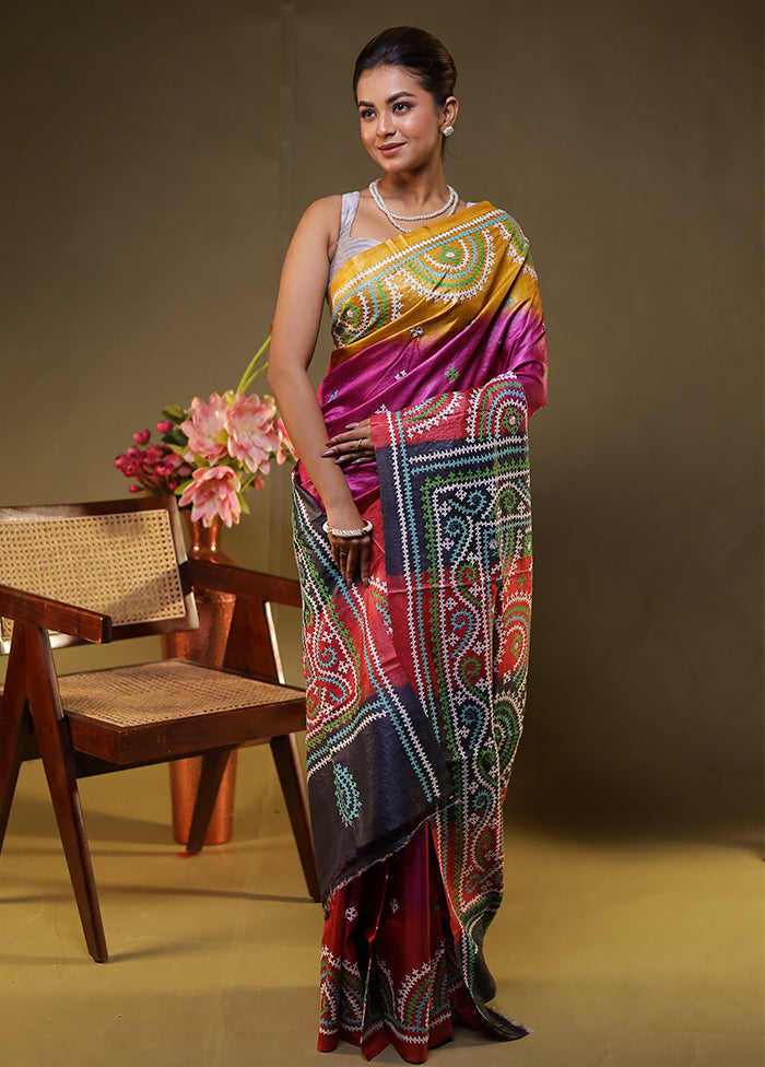 Multicolor Handloom Kantha Stitch Pure Silk Saree With Blouse Piece