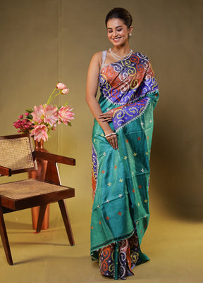 Multicolor Handloom Kantha Stitch Pure Silk Saree With Blouse Piece