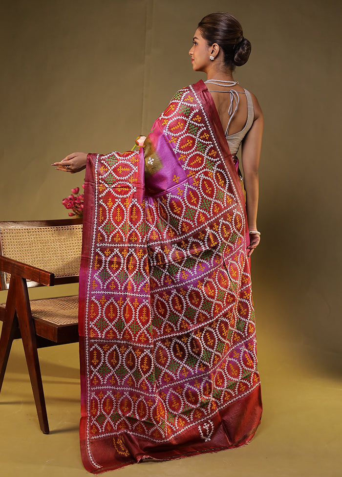 Multicolor Handloom Kantha Stitch Pure Silk Saree With Blouse Piece