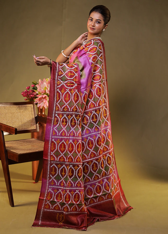 Multicolor Handloom Kantha Stitch Pure Silk Saree With Blouse Piece