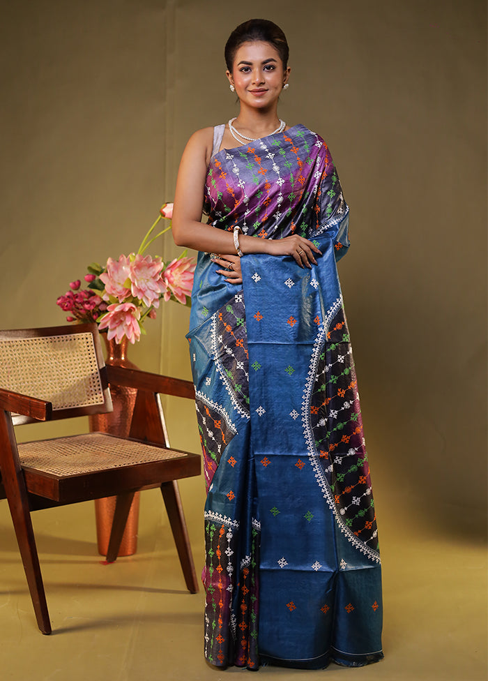 Multicolor Handloom Kantha Stitch Pure Silk Saree With Blouse Piece
