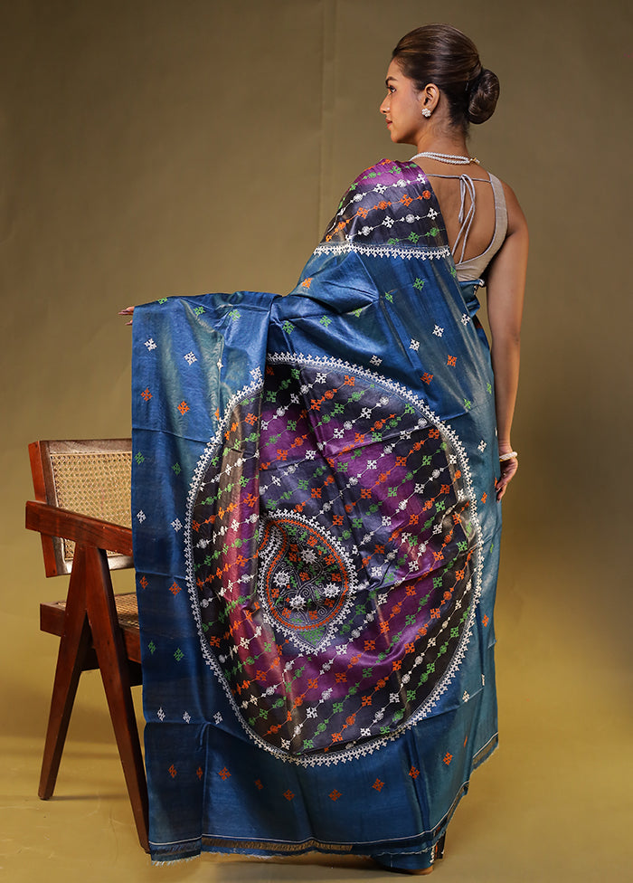 Multicolor Handloom Kantha Stitch Pure Silk Saree With Blouse Piece