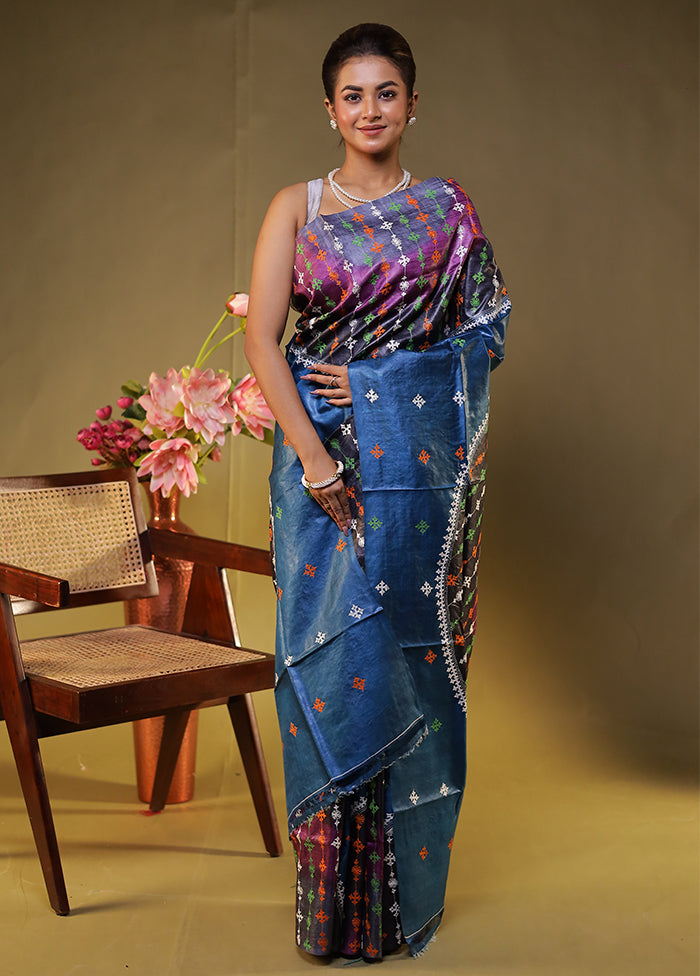 Multicolor Handloom Kantha Stitch Pure Silk Saree With Blouse Piece
