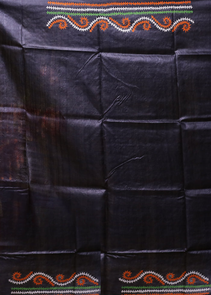 Multicolor Handloom Kantha Stitch Pure Silk Saree With Blouse Piece
