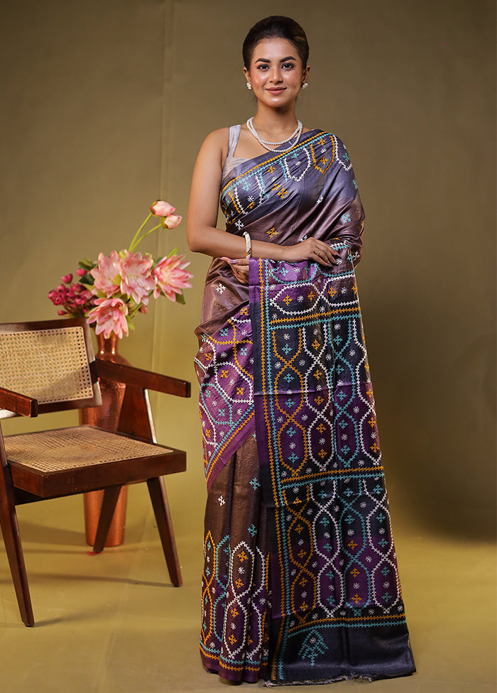 Multicolor Handloom Kantha Stitch Pure Silk Saree With Blouse Piece