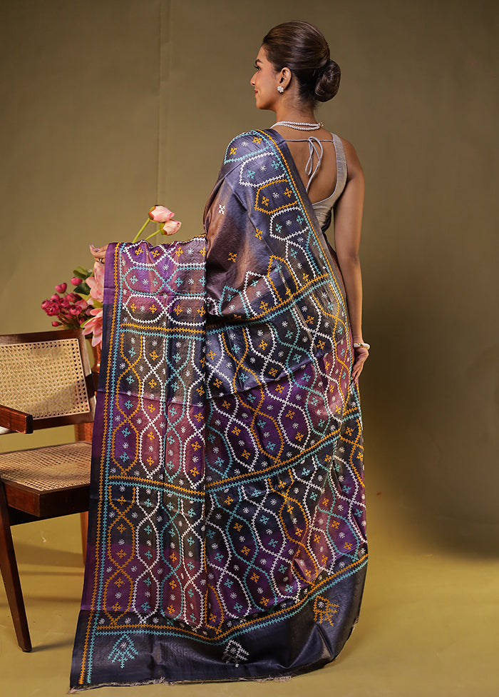 Multicolor Handloom Kantha Stitch Pure Silk Saree With Blouse Piece