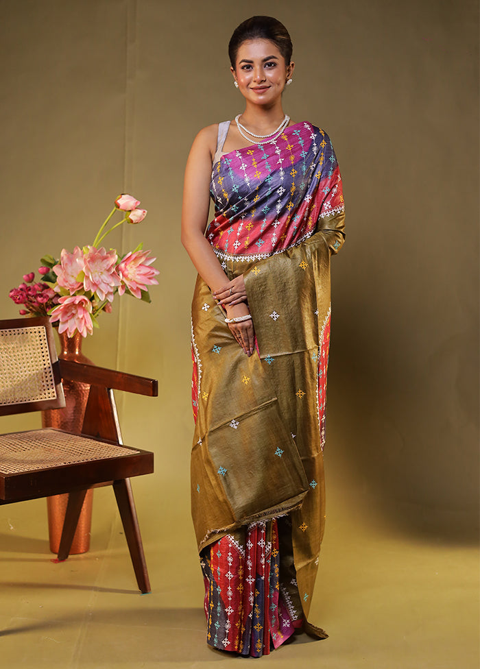 Multicolor Handloom Kantha Stitch Pure Silk Saree With Blouse Piece