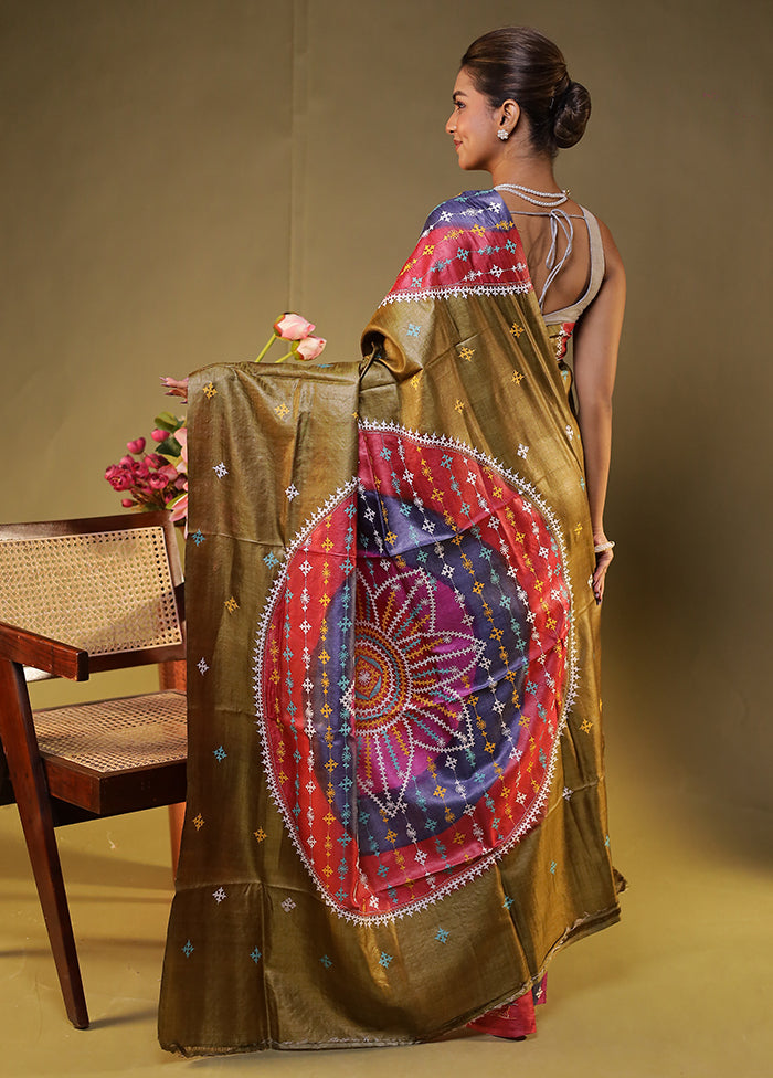 Multicolor Handloom Kantha Stitch Pure Silk Saree With Blouse Piece