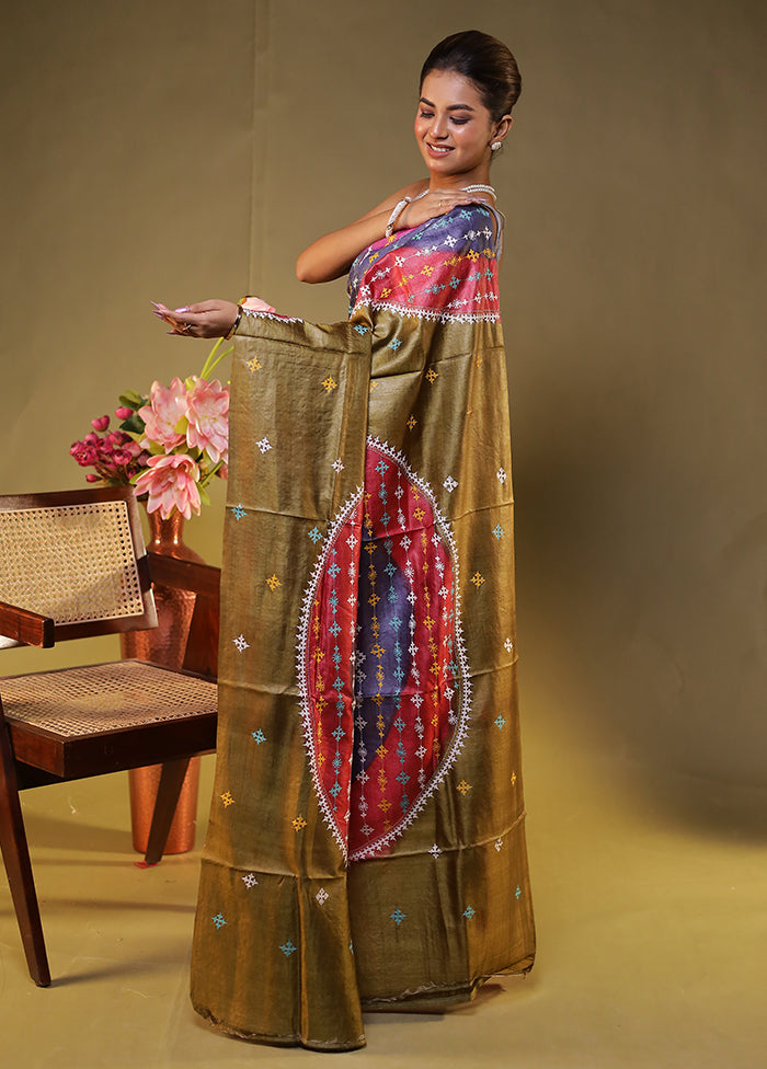 Multicolor Handloom Kantha Stitch Pure Silk Saree With Blouse Piece