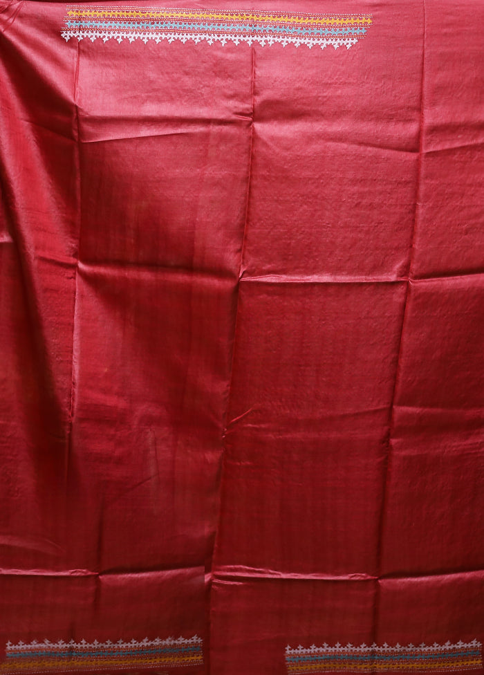 Multicolor Handloom Kantha Stitch Pure Silk Saree With Blouse Piece