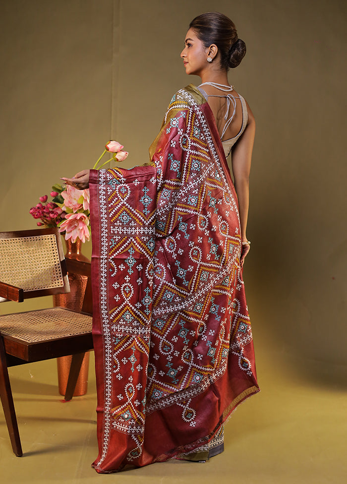 Maroon Handloom Kantha Stitch Pure Silk Saree With Blouse Piece