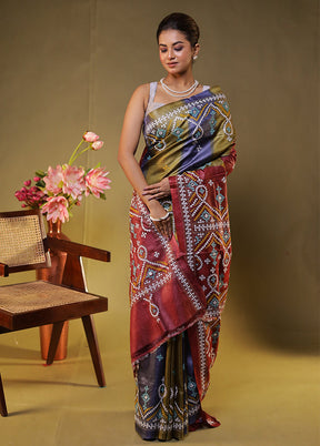 Multicolor Handloom Kantha Stitch Pure Silk Saree With Blouse Piece