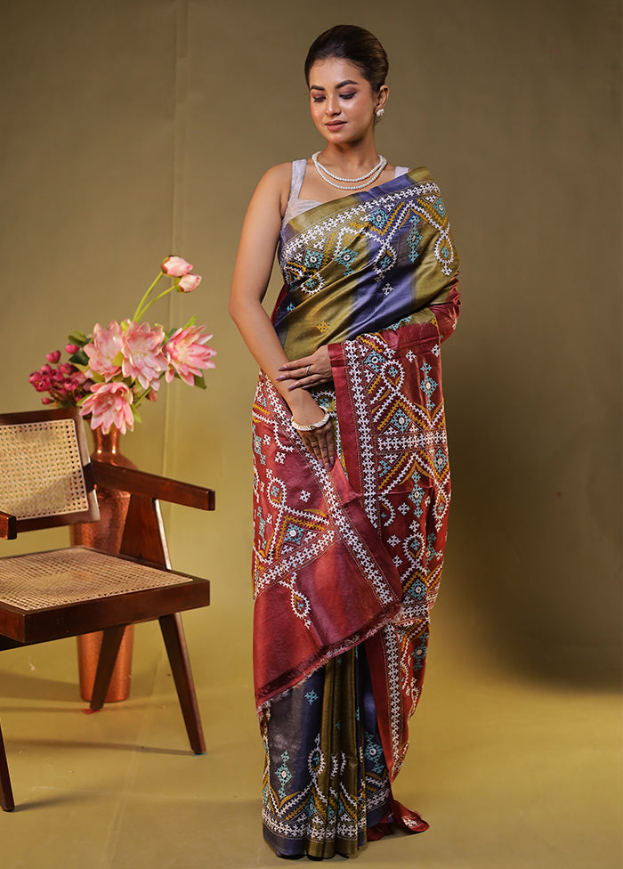 Multicolor Handloom Kantha Stitch Pure Silk Saree With Blouse Piece
