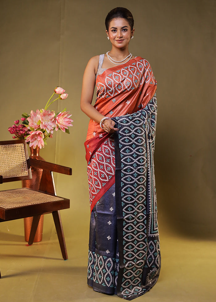 Red Handloom Kantha Stitch Pure Silk Saree With Blouse Piece