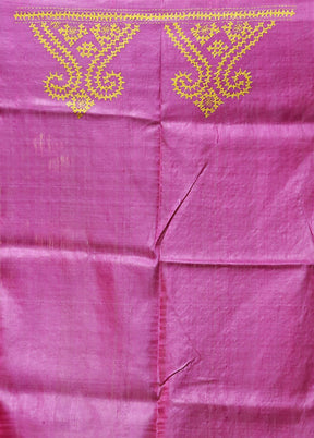 Pink Handloom Kantha Stitch Pure Silk Saree With Blouse Piece