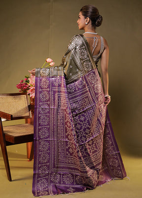 Grey Handloom Kantha Stitch Pure Silk Saree With Blouse Piece