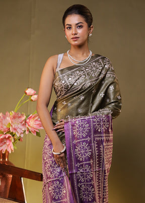 Purple Handloom Kantha Stitch Pure Silk Saree With Blouse Piece
