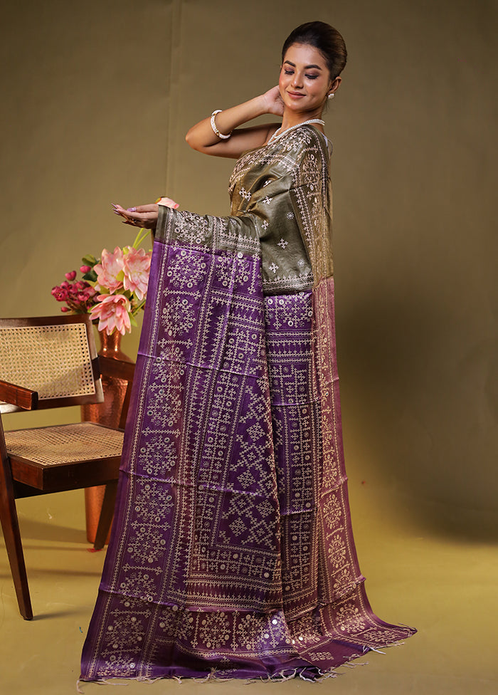 Grey Handloom Kantha Stitch Pure Silk Saree With Blouse Piece