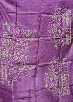 Purple Handloom Kantha Stitch Pure Silk Saree With Blouse Piece