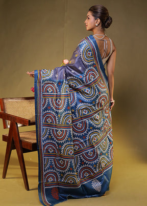 Blue Handloom Kantha Stitch Pure Silk Saree With Blouse Piece