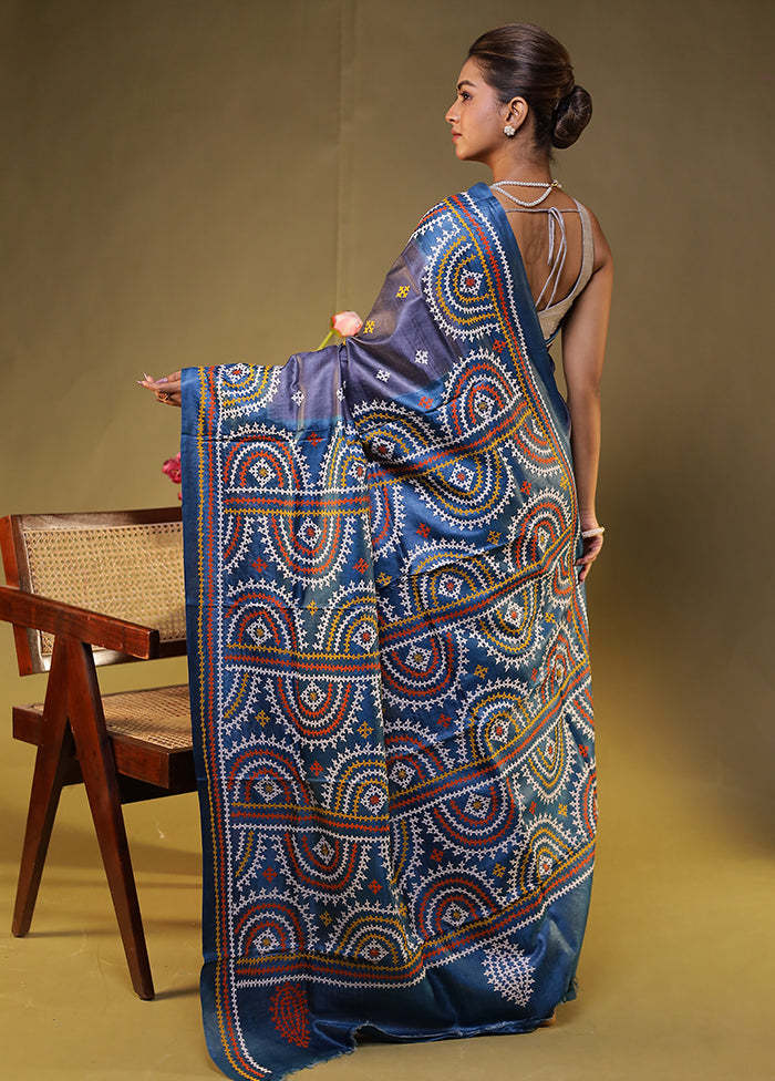 Blue Handloom Kantha Stitch Pure Silk Saree With Blouse Piece