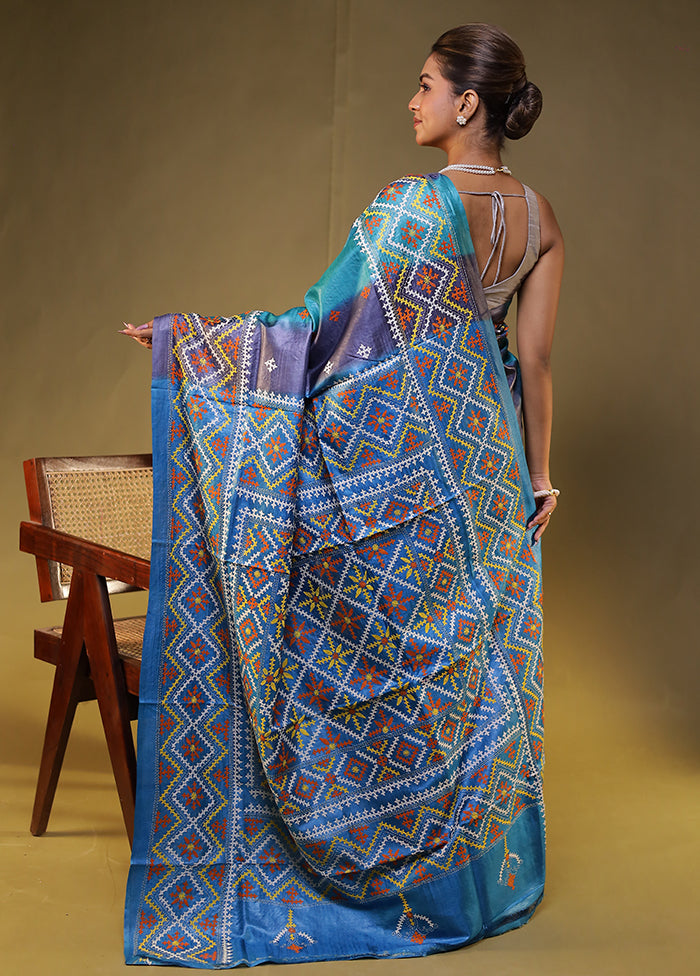 Blue Handloom Kantha Stitch Pure Silk Saree With Blouse Piece