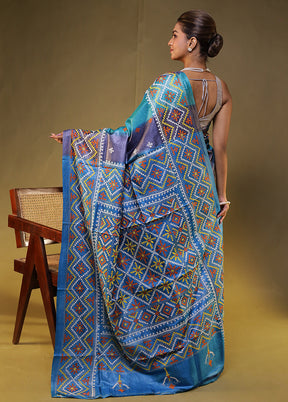 Blue Handloom Kantha Stitch Pure Silk Saree With Blouse Piece