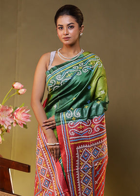 Green Handloom Kantha Stitch Pure Silk Saree With Blouse Piece