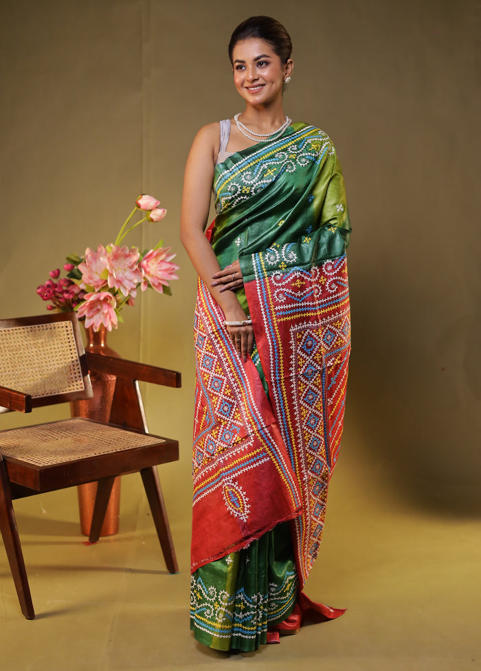 Green Handloom Kantha Stitch Pure Silk Saree With Blouse Piece