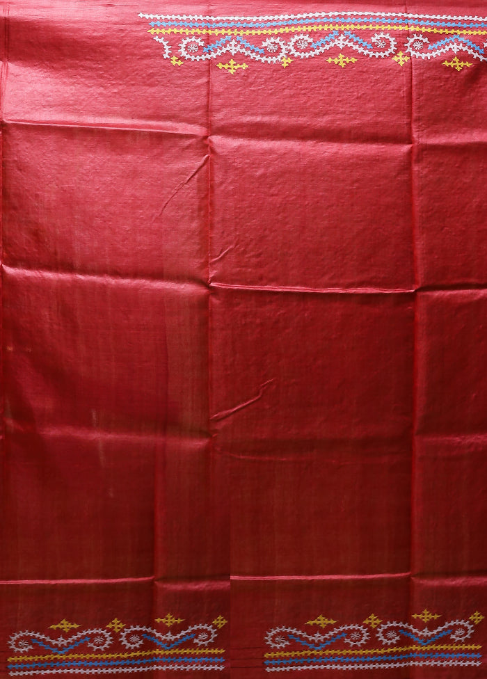 Green Handloom Kantha Stitch Pure Silk Saree With Blouse Piece