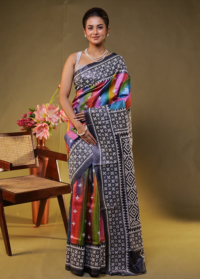 Multicolor Handloom Kantha Stitch Pure Silk Saree With Blouse Piece