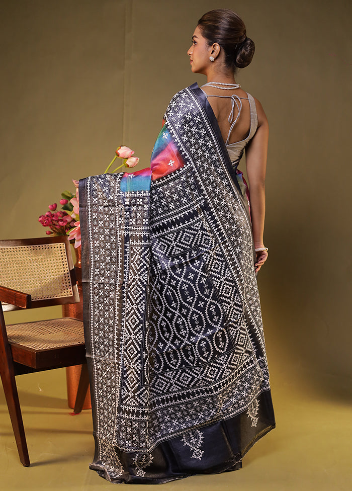 Multicolor Handloom Kantha Stitch Pure Silk Saree With Blouse Piece