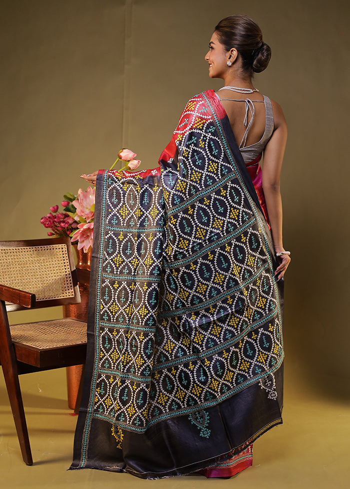 Black Handloom Kantha Stitch Pure Silk Saree With Blouse Piece