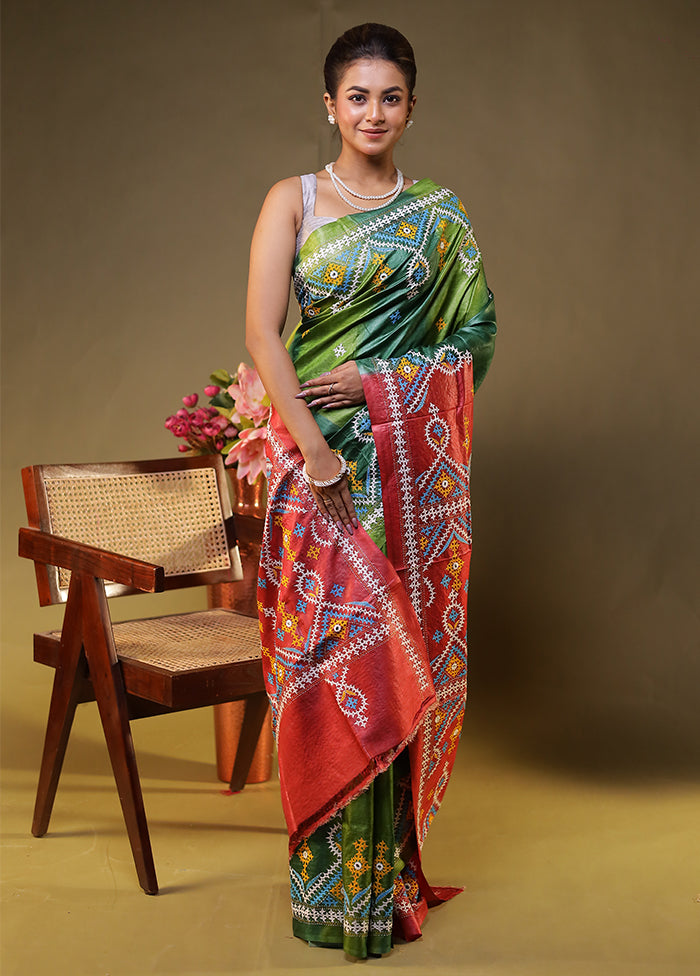 Green Handloom Kantha Stitch Pure Silk Saree With Blouse Piece