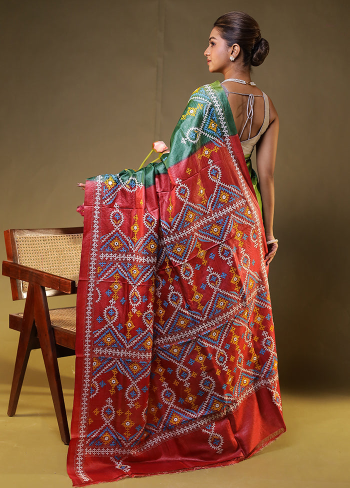 Maroon Handloom Kantha Stitch Pure Silk Saree With Blouse Piece