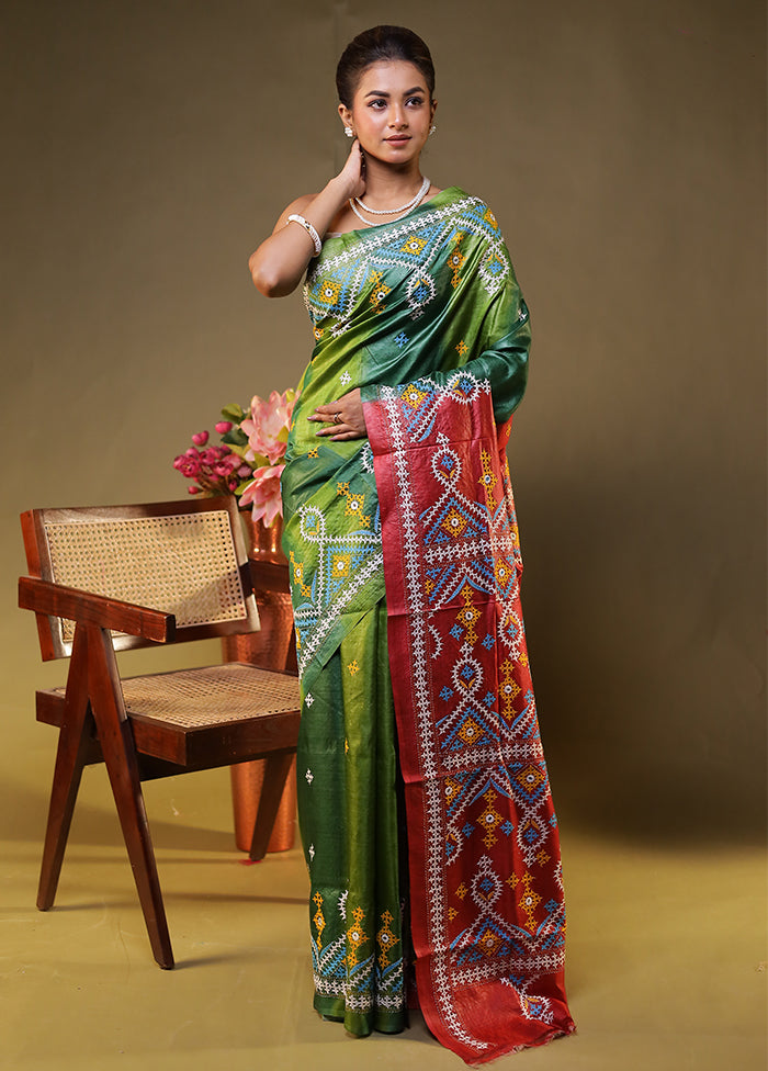 Green Handloom Kantha Stitch Pure Silk Saree With Blouse Piece