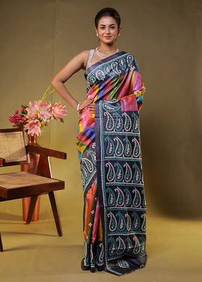 Multicolor Handloom Kantha Stitch Pure Silk Saree With Blouse Piece
