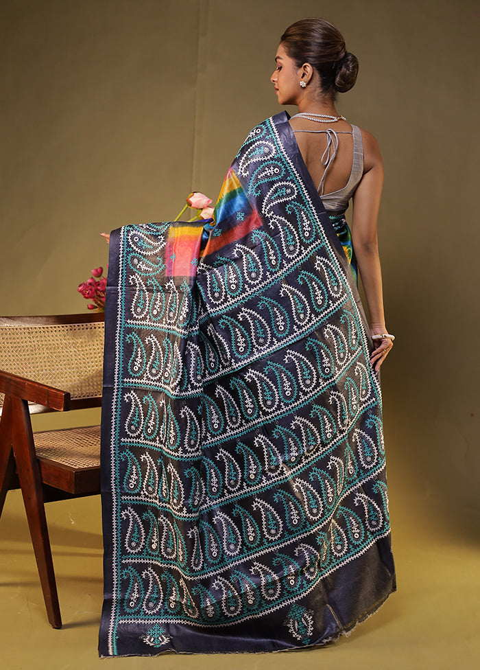 Grey Handloom Kantha Stitch Pure Silk Saree With Blouse Piece