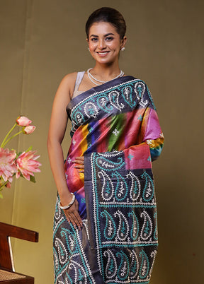 Multicolor Handloom Kantha Stitch Pure Silk Saree With Blouse Piece