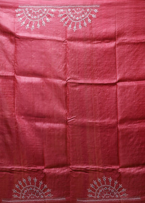 Pink Handloom Kantha Stitch Pure Silk Saree With Blouse Piece