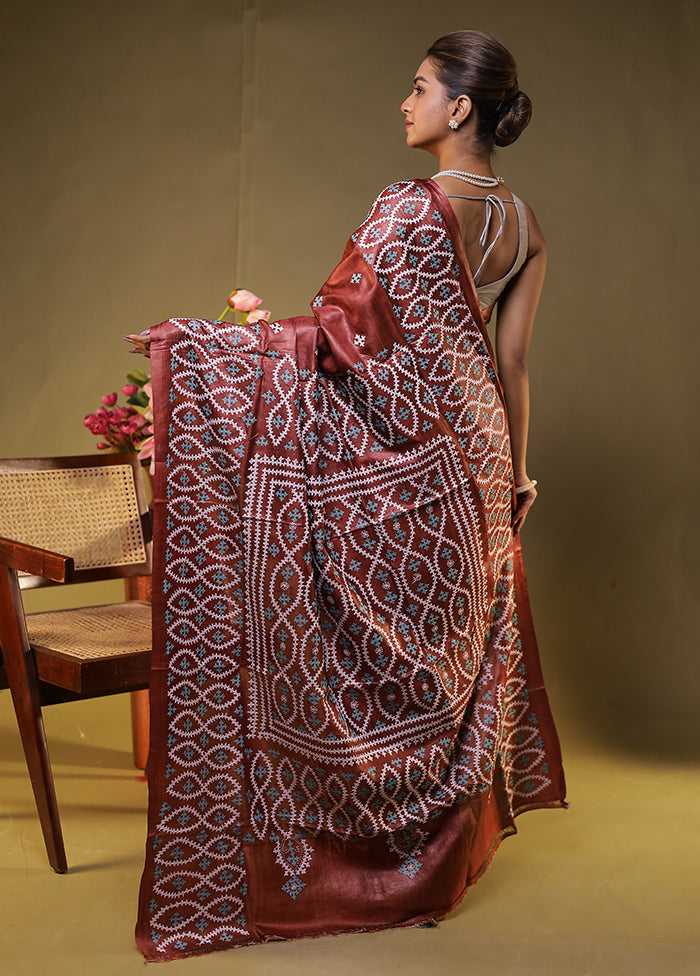 Maroon Handloom Kantha Stitch Pure Silk Saree With Blouse Piece