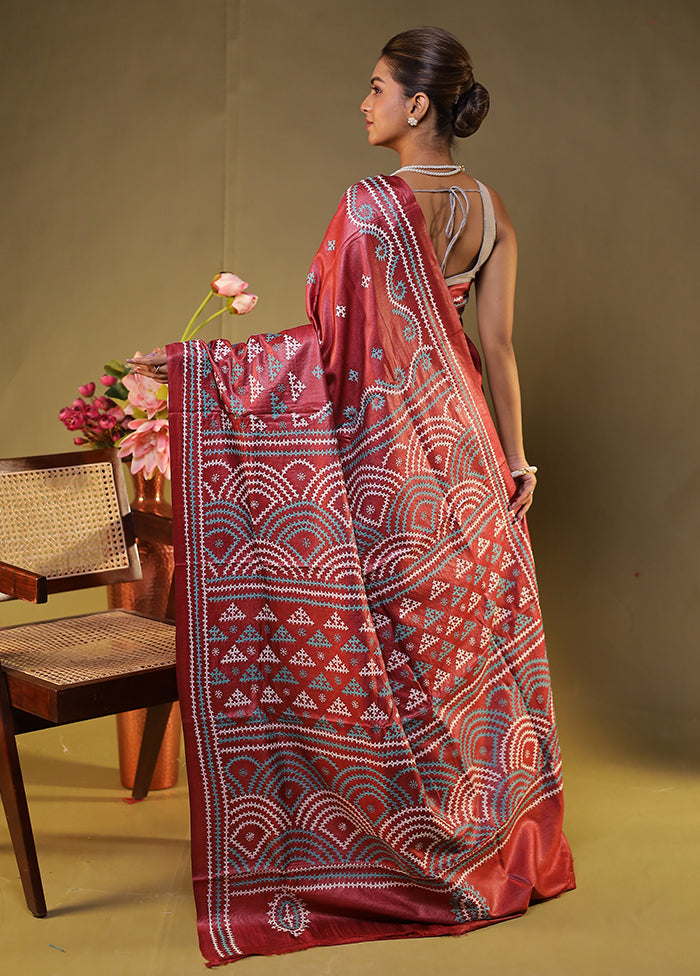 Maroon Handloom Kantha Stitch Pure Silk Saree With Blouse Piece