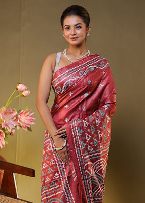 Maroon Handloom Kantha Stitch Pure Silk Saree With Blouse Piece