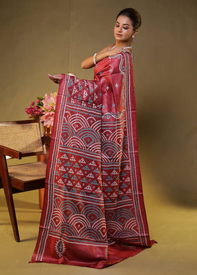 Maroon Handloom Kantha Stitch Pure Silk Saree With Blouse Piece