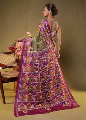 Multicolor Handloom Kantha Stitch Pure Silk Saree With Blouse Piece